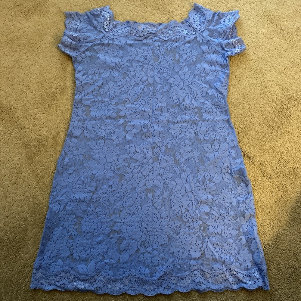 VICTORIA'S SECRET Y2K BLUE LACE SHEER FLORAL MESH MINI DRESS SLIP OFF SHOULDER L